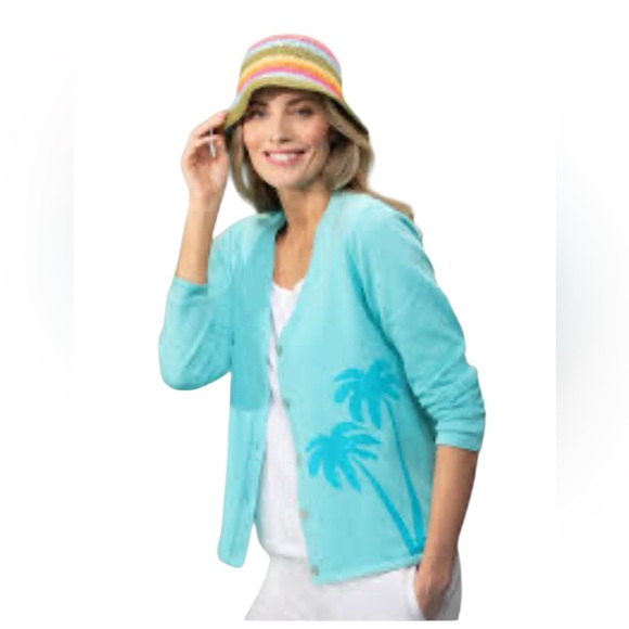 Appleseed’s 100% Cotton LT Blue Palm Tree Graphic Button Down Cardigan WM SZ L - Picture 1 of 8
